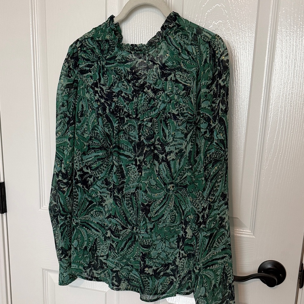Green Floral Long-Sleeve Ruffled Neck Blouse